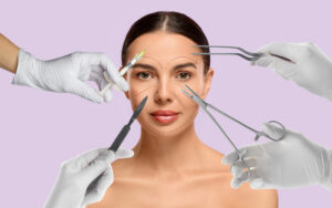 woman with facial surgical markings surrounded by